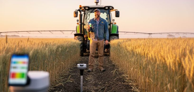 Sunrise in a wheat field with an autonomous tractor and a farmer holding a smartphone while using climate-smart soil monitoring.