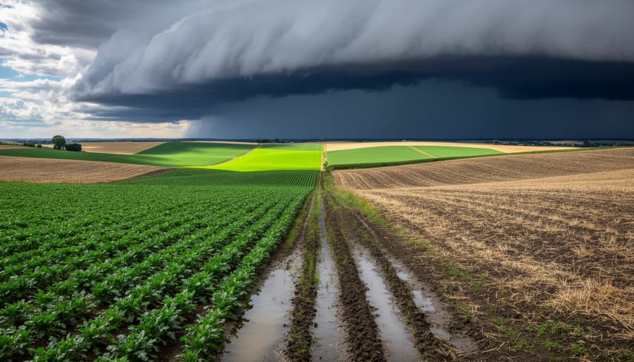 Wide view of an arable crop field with storm clouds and uneven patches of green crops and dry soil.