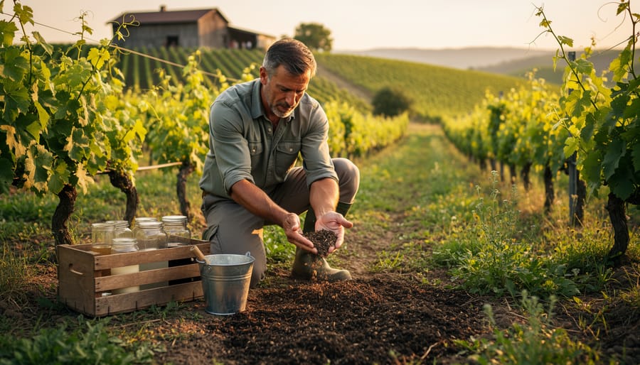 Vineyard worker preparing a biodynamic mixture next to a clay pot near grapevines
