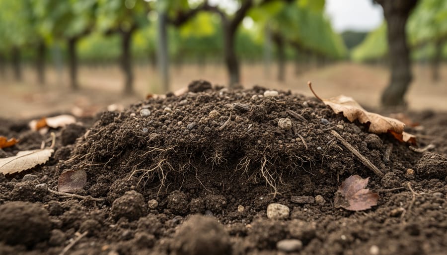 Macro close-up of dark, healthy biodynamic vineyard soil showing rich texture and visible root structure