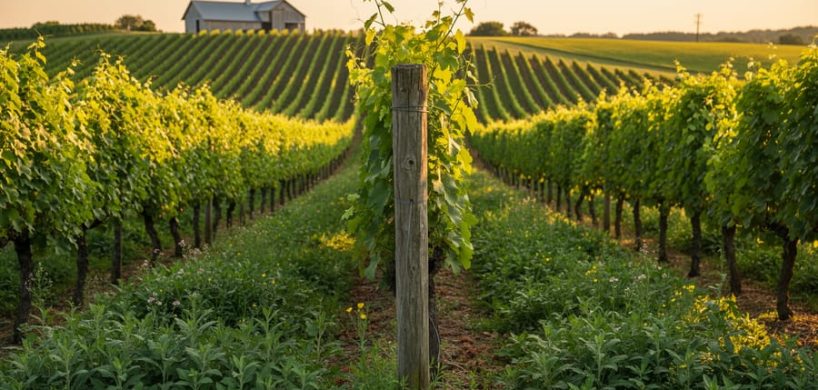 Golden-hour view of healthy grapevines and cover crops in a biodynamic vineyard with trellises and distant farm buildings.
