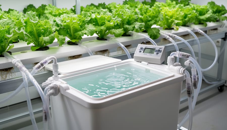 Hydroponic reservoir and tubing connections in an indoor grow room with visible water and growing plants