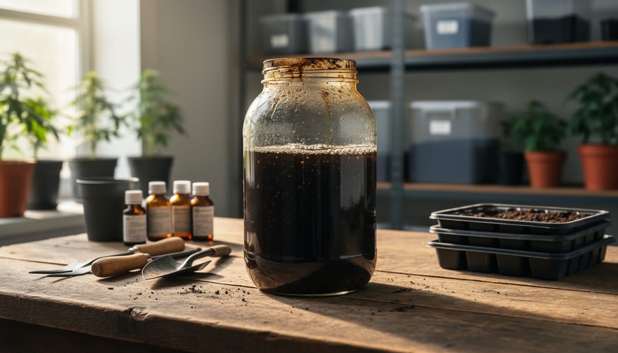 Close-up of a jar of dark fermented plant liquid beside chopped herbs on a work surface