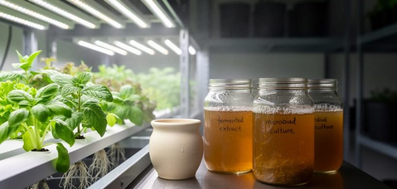Indoor hydroponic grow room with fresh green herbs in channels, alongside glass jars and a ceramic crock suggesting fermented natural farming inputs.