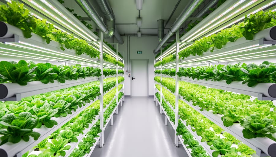 Vertical farm interior with stacked racks of leafy greens lit by pinkish-white LED lights.
