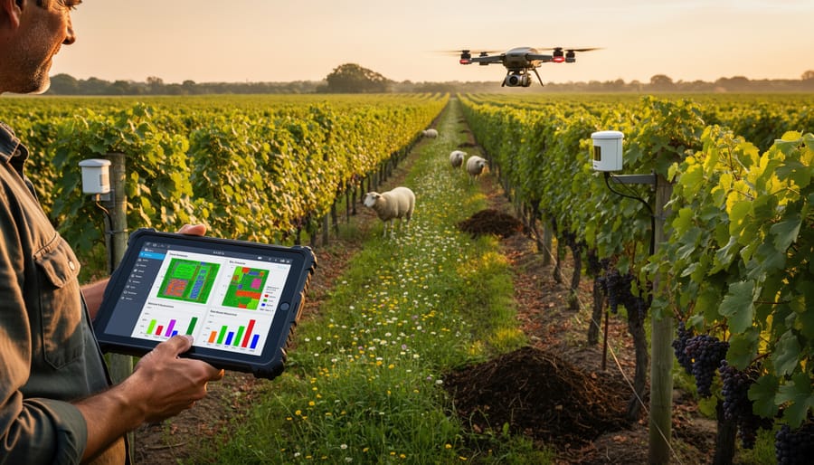 Tablet and vineyard sensor equipment overlooking biodynamic grape rows under an overcast sky