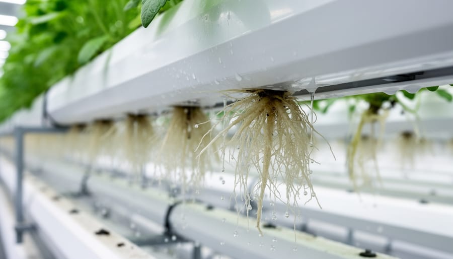 Close-up of hydroponic plant roots hanging in a clear nutrient solution channel.