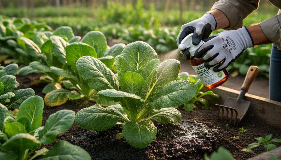 Gardener applying a diluted organic solution to healthy vegetable leaves using a watering can