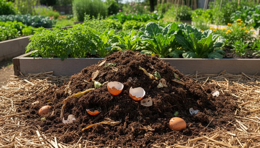 Gardener’s hands adding rich compost to a raised garden bed with healthy green plants nearby