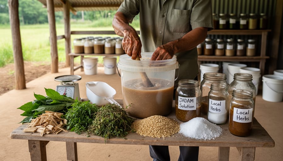 Gardener’s hands mixing soil and leaf litter into a covered container for microbial solution preparation