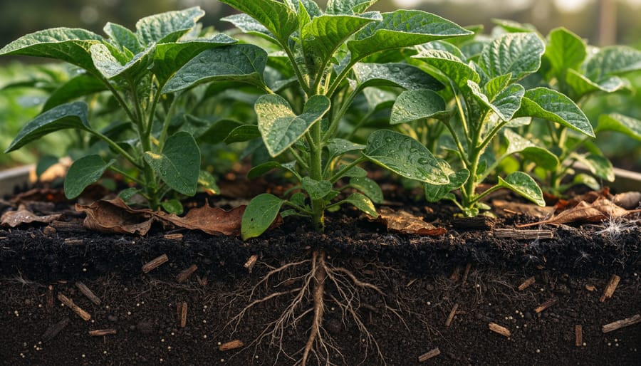 Healthy seedlings growing in rich dark soil with visible organic matter and earthworms near the root zone