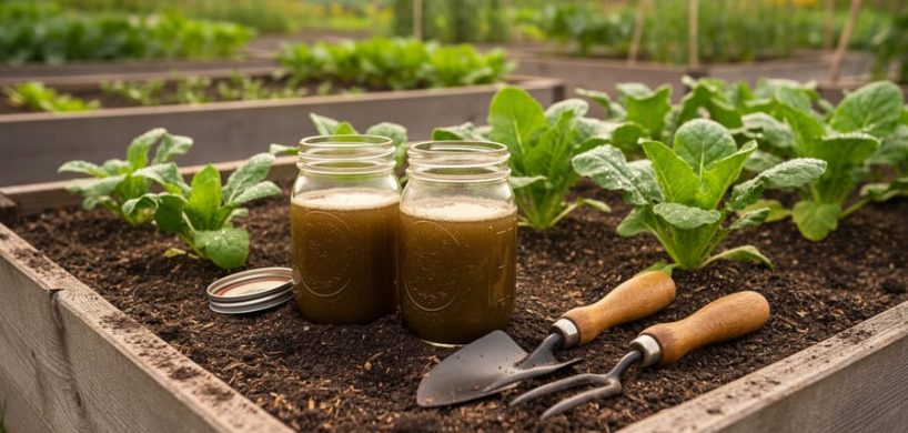 “Dark, crumbly organic soil in a garden bed with leafy plants and homemade microbial preparation jars with natural liquid beside simple tools.”