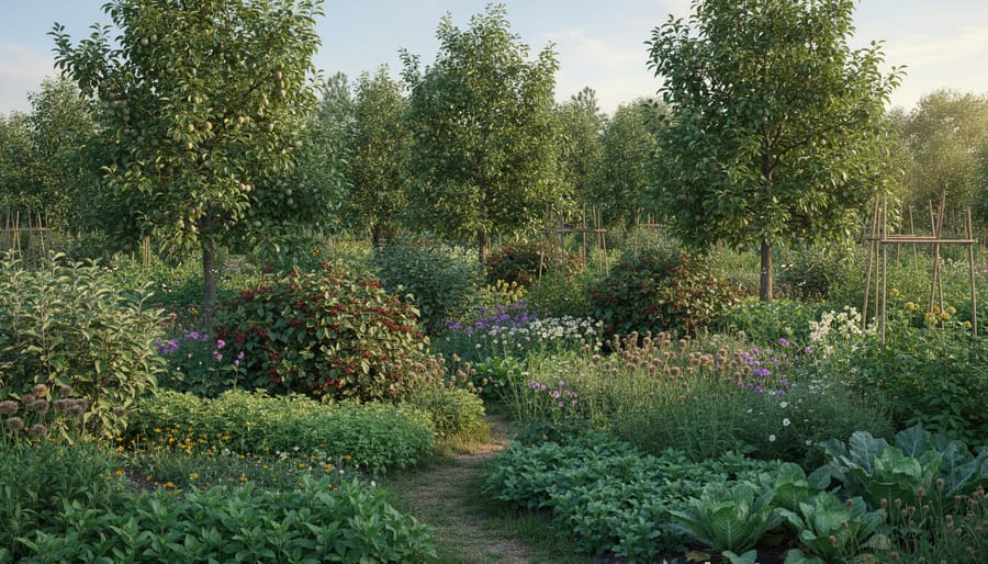 Lush layered perennial permaculture food forest with mulch and thriving plants at golden hour
