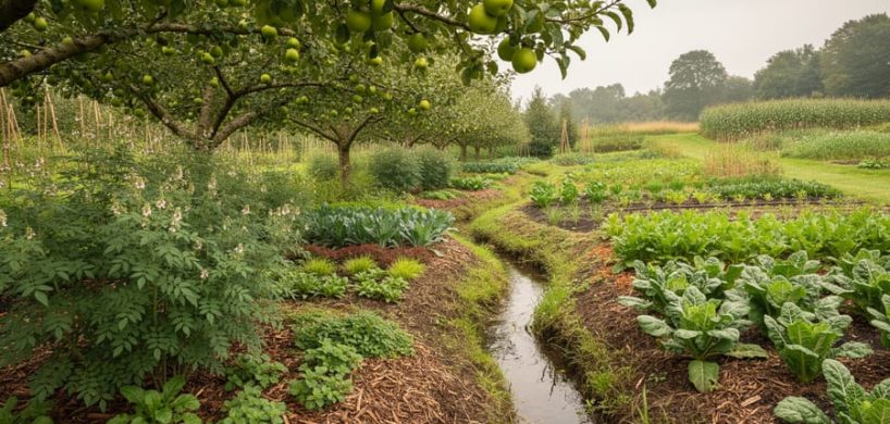 Layered permaculture garden with fruit trees, nitrogen-fixing shrubs, perennial vegetables, ground cover, and soil-rich mulch with water harvesting channels.