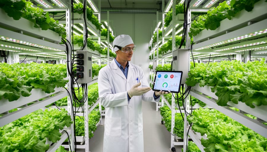 Technician inspecting equipment in a modern indoor vertical farm next to stacked plant racks.