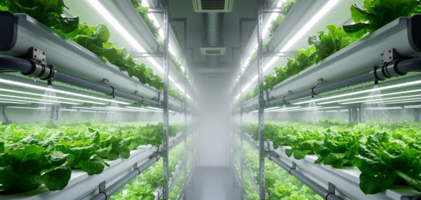 Leafy greens growing in vertically stacked hydroponic layers under LED lights inside a climate-controlled vertical farm.