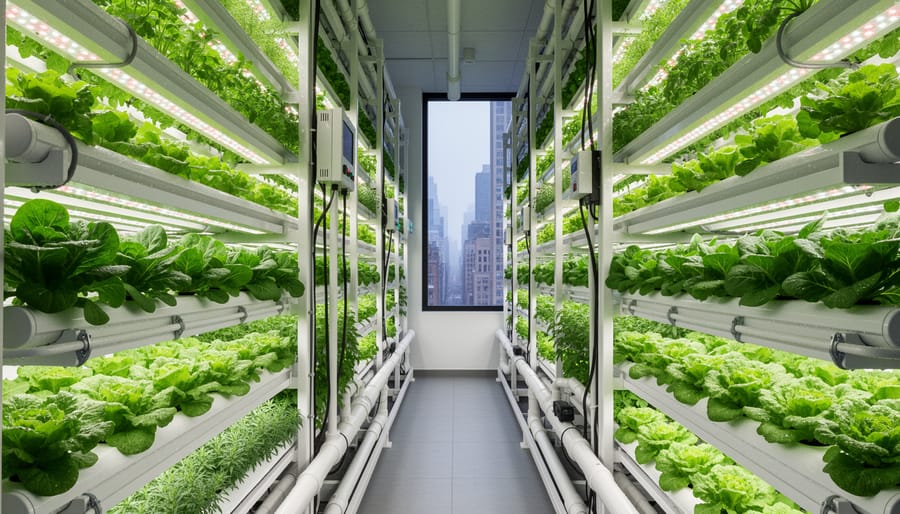 A worker observing stacked plants in an indoor vertical farming facility