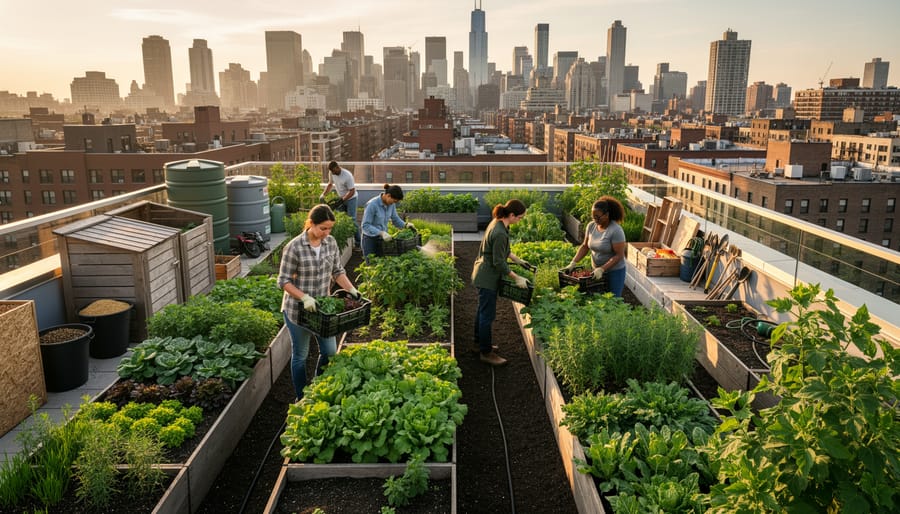Vegetable containers on a rooftop farm during sunrise with nearby water collection equipment