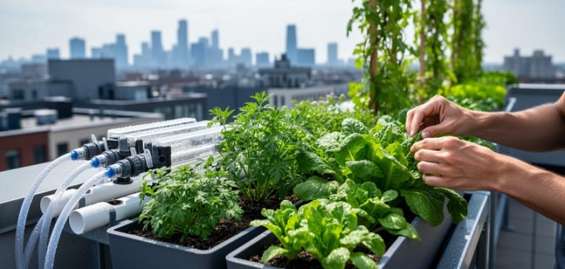Close-up view of leafy green plants in rooftop planters and a compact hydroponic system with tubing, with a gardener’s hands adjusting herbs and a blurred city skyline in the background.