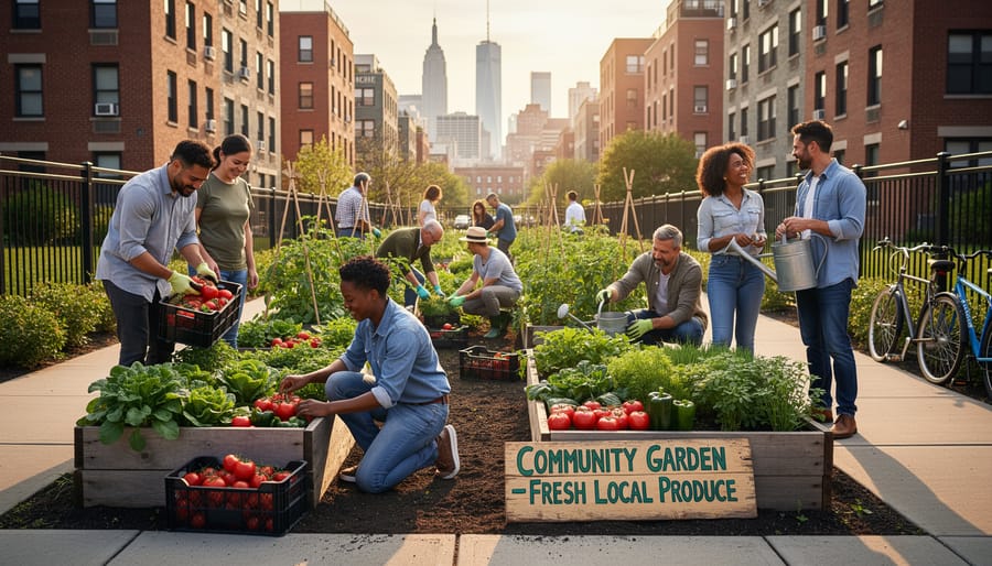 People tending raised garden beds with leafy greens in an urban community garden