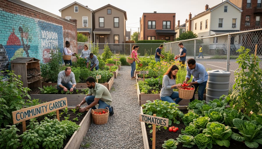Raised garden beds with thriving leafy greens in a neighborhood community garden in Detroit