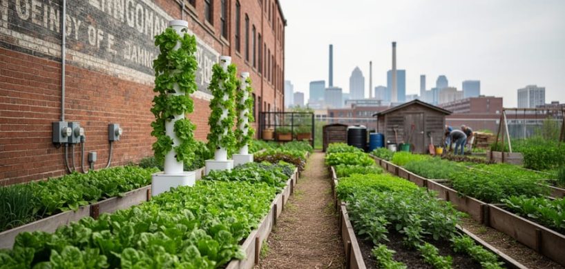 Urban farm in Detroit with lush green raised beds and hydroponic growing towers near a repurposed warehouse, under soft daylight.