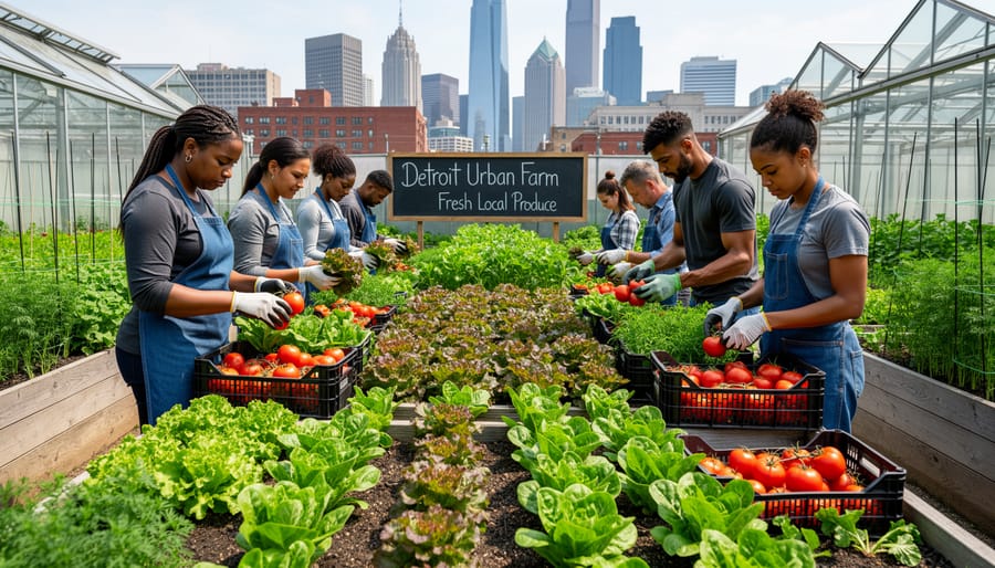 Gardener harvesting ripe tomatoes and carrots into a wooden crate at an urban farm in Detroit