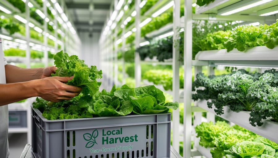 Gloved hands harvesting leafy greens from a vertical farm shelf