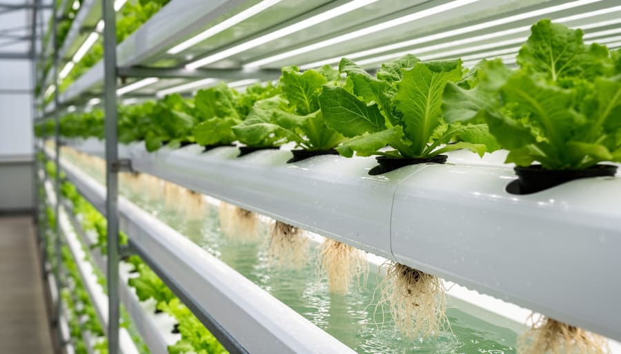 Close-up of hydroponic system roots and clear nutrient water flowing in a grow channel