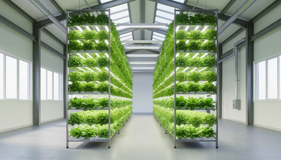 Inside a modern vertical farm with stacked shelves of leafy greens under bright grow lights