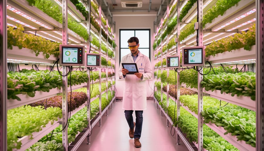 Vertical farm technician inspecting plants among stacked racks under grow lights