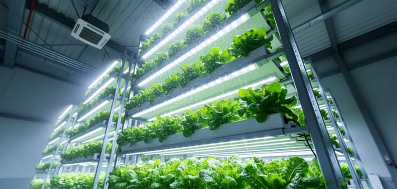 Stacked hydroponic towers growing leafy greens inside a clean urban vertical farm warehouse, lit by cool blue-white grow lights.
